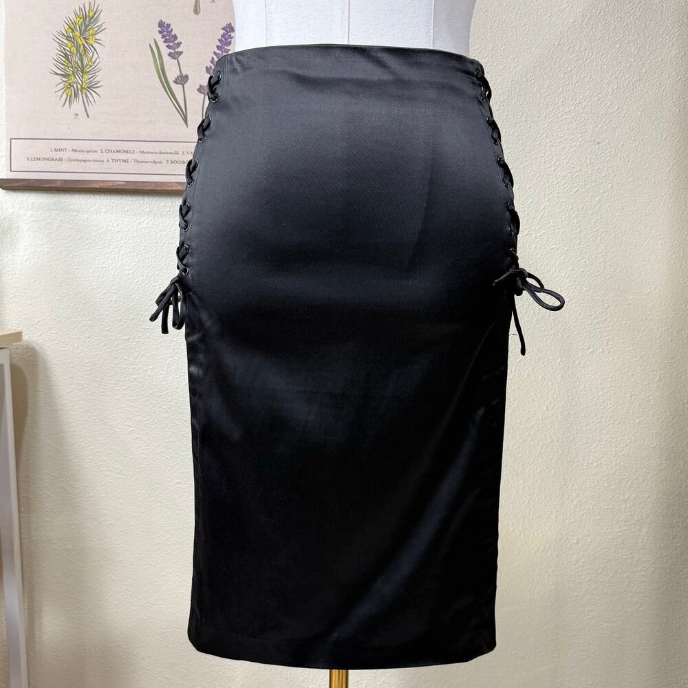 90s Y2k Black Satin Lace Up Sides Pencil Skirt Vampire Goth Sexy Office Siren M